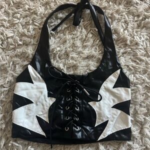 Black and White Lace-Up Halter Crop Top